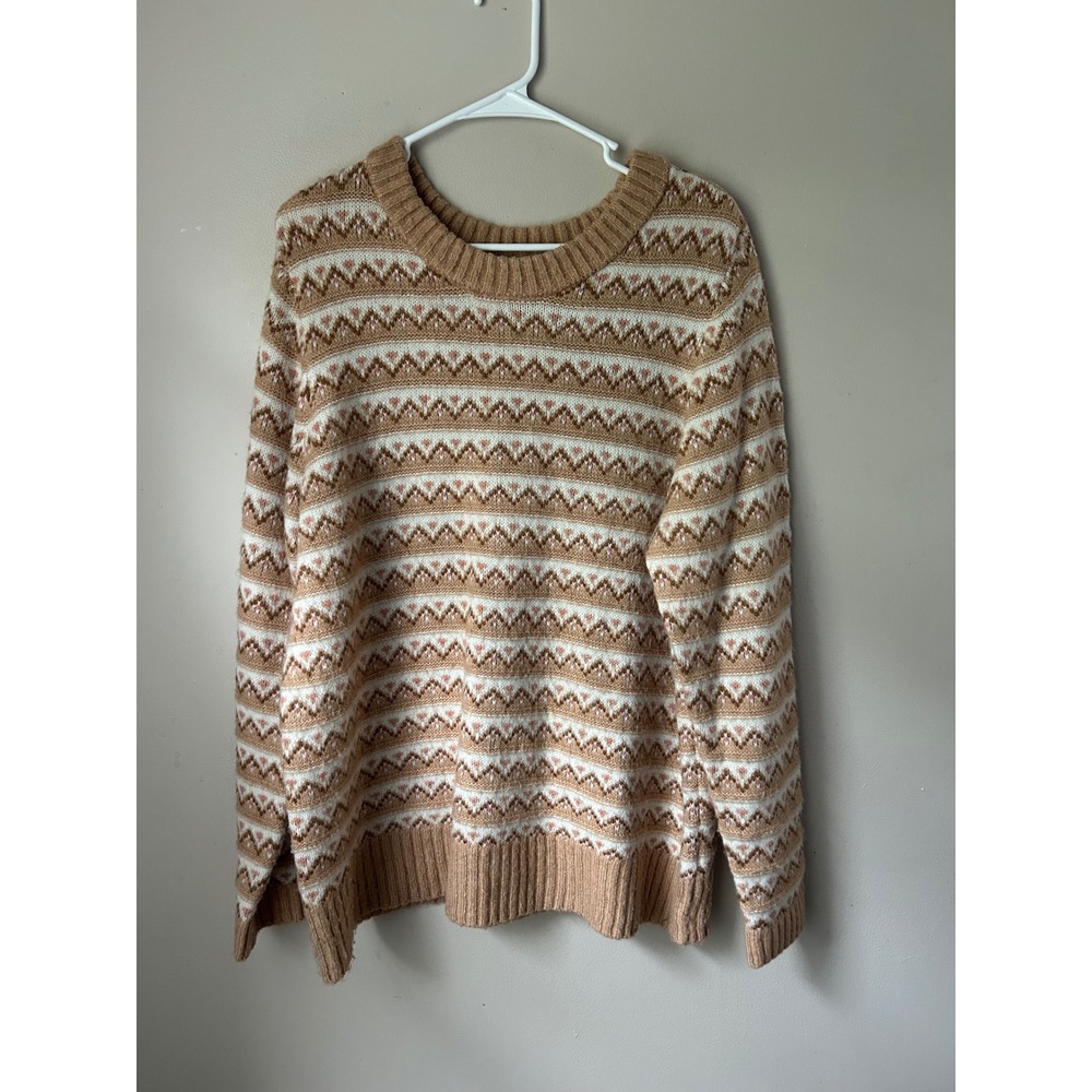 Croft & Barrow Women's XL‎ Fair Isle Tan & White Knit Sweater Cozy Grandmacore